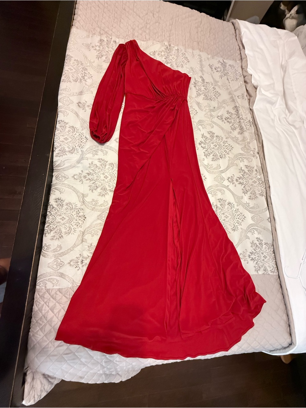 Mac Duggal Red One-Shoulder Long Gown with Draped Waist